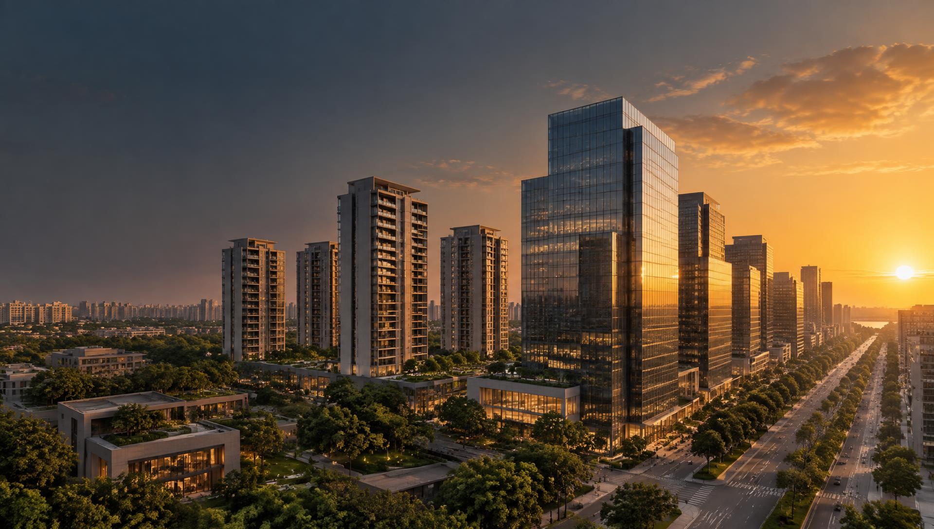 Premium commercial and residential real estate in Ahmedabad at sunset
